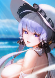 Rule 34 | 1girl, aduo, ahoge, azur lane, back, backless dress, backless outfit, beach, blue eyes, blue sky, blunt bangs, breasts, day, detached collar, dress, elbow gloves, eyelashes, glint, gloves, hair ornament, hair ribbon, hat, highres, illustrious (azur lane), large breasts, light rays, long hair, looking at viewer, looking back, mole, mole under eye, outdoors, portrait, purple hair, ribbon, sky, solo, sun hat, sunbeam, sunlight