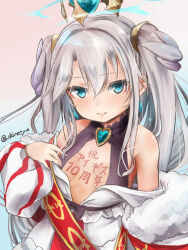 Rule 34 | 1girl, akino shuu, bare shoulders, blue eyes, body writing, breasts, commentary request, dress, fur trim, grey hair, hair between eyes, hand up, heart, long hair, long sleeves, looking at viewer, off shoulder, parted lips, puffy long sleeves, puffy sleeves, sennen sensou aigis, small breasts, smile, solo, sybilla, twitter username, two side up, upper body, very long hair, white dress