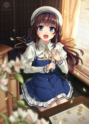 Rule 34 | 10s, 1girl, :d, absurdres, ahoge, beret, blue dress, blue eyes, blurry, blurry foreground, board game, brown hair, commentary request, curtains, depth of field, dress, fang, flower, folded fan, folding fan, hand fan, hat, highres, hinatsuru ai, holding, holding fan, indoors, layered sleeves, long hair, long sleeves, looking at viewer, low twintails, oikawa sakura, open mouth, puffy short sleeves, puffy sleeves, ryuuou no oshigoto!, school uniform, shogi, shogi piece, short over long sleeves, short sleeves, sitting, smile, socks, solo, twintails, very long hair, wariza, white flower, white hat, white socks