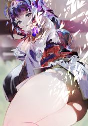 Rule 34 | 1girl, absurdres, armor, braid, breasts, cleavage, dappled sunlight, flower, from behind, genshin impact, hair ornament, highres, japanese clothes, kimono, large breasts, long hair, looking at viewer, lying, mole, mole under eye, obi, obiage, obijime, on side, open mouth, purple eyes, purple flower, purple hair, raiden shogun, ribbon, sash, shoulder armor, solo, sunlight, wy00