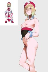 Rule 34 | 1girl, blonde hair, blue eyes, bottomless, bracelet, breasts, closed mouth, clothes pull, collar, collarbone, creatures (company), eyelashes, female focus, game freak, hair between eyes, hat, highres, irida (pokemon), jewelry, knees, medium hair, mole, mole on thigh, multiple views, navel, neck ring, nintendo, nipples, nude, nyantcha, pokemon, pokemon legends: arceus, red headwear, reference inset, sash, serious, short hair, strapless, tube top, tube top pull