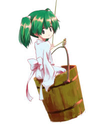 Rule 34 | 1girl, bad id, bad pixiv id, bucket, female focus, green hair, in bucket, in container, kisume, ribbon, sawayaka samehada, short hair, simple background, sitting, solo, touhou, white background