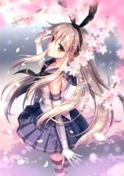 Rule 34 | 1girl, absurdres, an2a, bare shoulders, blue skirt, bow, branch, breasts, brown eyes, cherry blossoms, elbow gloves, gloves, hair bow, hand up, highres, kantai collection, long hair, looking at viewer, looking back, looking up, parted lips, petals, pleated skirt, sailor collar, scan, shimakaze (kancolle), silver hair, simple background, skirt, sleeveless, small breasts, solo, standing, striped clothes, striped thighhighs, thighhighs, white gloves, zettai ryouiki