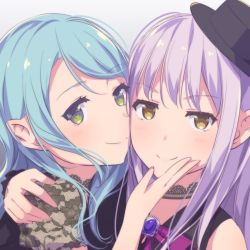 Rule 34 | 2girls, aiba aina, aqua hair, arm around shoulder, ayasaka, bang dream!, black choker, black hat, blush, brooch, brown eyes, cheek-to-cheek, choker, closed mouth, commentary request, couple, female focus, green eyes, hand on another&#039;s chin, hand up, hat, heads together, hikawa sayo, jewelry, kudou haruka (voice actor), lace, lace choker, lace trim, light purple hair, long hair, looking at viewer, minato yukina, multiple girls, photo-referenced, portrait, sleeveless, smile, upper body, voice actor connection, yellow eyes, yuri