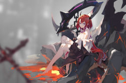 Rule 34 | 1girl, absurdres, arknights, asa ni haru, bare legs, bare shoulders, barefoot, black dress, breasts, chain, cleavage, closed mouth, demon girl, dress, full body, gradient hair, grey background, highres, horns, large breasts, long hair, long sleeves, looking at viewer, lava, multicolored hair, off shoulder, purple eyes, red hair, rock, sitting, smile, solo, surtr (arknights), very long hair