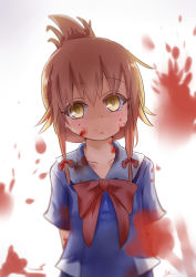 Rule 34 | 10s, 1girl, absurdres, alternate costume, arms behind back, bad id, bad pixiv id, blood, blood on clothes, blood on face, blood splatter, blood stain, blouse, bow, bowtie, brown eyes, brown hair, cosplay, folded ponytail, gasai yuno, gasai yuno (cosplay), highres, inazuma (kancolle), iqoru, kantai collection, looking at viewer, mirai nikki, plasma-chan (kancolle), sailor collar, school uniform, serafuku, shaded face, shirt, smile, solo, upper body, yandere