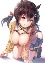 Rule 34 | 1girl, all fours, animal ears, azur lane, black skirt, blush, breasts, brown hair, cardigan, cleavage, hair between eyes, hair ornament, hairclip, holster, large breasts, long sleeves, looking at viewer, low twintails, miniskirt, nagara (azur lane), parted lips, shoes, simple background, skirt, smile, solo, tama satou, thigh holster, twintails, white background, yellow eyes