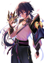 Rule 34 | 1boy, absurdres, alternate hair color, backlighting, bishounen, black hair, blue eyes, blue pants, chinese clothes, closed mouth, fate/grand order, fate (series), highres, holding, holding mask, horned mask, long hair, long sleeves, looking at viewer, low ponytail, mask, unworn mask, pants, ponytail, prince of lan ling (fate), puffy long sleeves, puffy sleeves, sash, shirt, simple background, ulrich (tagaragakuin), white shirt