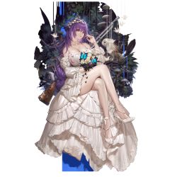 Rule 34 | 1girl, bare legs, bird, bouquet, braid, breasts, bug, butterfly, cleavage, detached sleeves, dress, flower, full body, girls&#039; frontline, gun, high heels, highres, huge breasts, insect, jewelry, long hair, necklace, off-shoulder dress, off shoulder, official alternate costume, official art, owl, parted lips, purple hair, red eyes, shoes, sidelocks, single braid, sitting, solo, stiletto heels, thighs, toe cleavage, transparent background, very long hair, weapon, white dress, whoisshe, zb-26 (girls&#039; frontline), zb-26 (the 1000th paper crane) (girls&#039; frontline)
