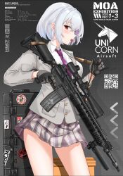 Rule 34 | 1girl, assault rifle, black gloves, blush, breasts, candy, checkered clothes, checkered skirt, collared shirt, fatkewell, finger on trigger, food, food in mouth, formal, gloves, gun, highres, holding, holding gun, holding weapon, jacket, lollipop, magazine (weapon), necktie, original, pleated skirt, pocket, red eyes, rifle, scope, shirt, short hair, skirt, small breasts, solo, strap, suit jacket, thighs, weapon, weapon case, white shirt