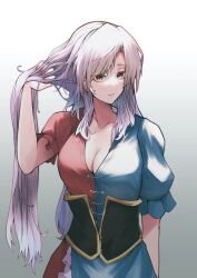 Rule 34 | 1girl, absurdres, alternate hairstyle, blue dress, breasts, cleavage, closed mouth, collarbone, dress, gradient background, grey hair, highres, large breasts, long hair, no headwear, red dress, short sleeves, solo, touhou, two-tone dress, upper body, yagokoro eirin, yagoro kusuriya, yellow eyes