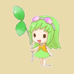 Rule 34 | 1girl, :d, chibi, dress, female focus, full body, goggles, green hair, gumi, leaf, open mouth, plant, sanpati, short hair, simple background, smile, solo, vocaloid