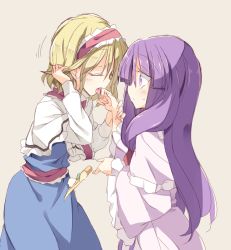 Rule 34 | 2girls, alice margatroid, blonde hair, blush, capelet, closed eyes, food, tucking hair, hairband, licking, licking hand, long hair, multiple girls, open mouth, patchouli knowledge, pizza, profile, purple eyes, purple hair, satou kibi, short hair, simple background, surprised, tongue, tongue out, touhou, wide-eyed, yuri