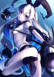 Rule 34 | 10s, 1girl, abyssal ship, bare shoulders, black footwear, black gloves, blue eyes, blue hair, breasts, dark persona, enemy aircraft (kancolle), gloves, kantai collection, koruta (nekoimo), long hair, microskirt, midriff, multicolored hair, no legwear, open mouth, pale skin, shimakaze (kancolle), shoes, skirt, sleeveless, small breasts, solo, very long hair, white hair