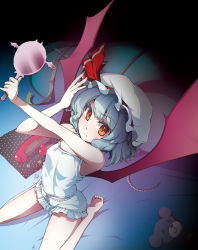 Rule 34 | 1girl, :t, barefoot, bat wings, bloomers, blue hair, camisole, hand mirror, hat, hat ribbon, highres, kabayaki unagi, looking at viewer, mirror, red eyes, remilia scarlet, ribbon, sitting, solo, stuffed animal, stuffed toy, teddy bear, touhou, underwear, underwear only, wariza, white bloomers, wings