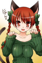 Rule 34 | 1girl, akou roushi, alternate costume, animal ears, blush, bow, braid, breasts, cat ears, cat girl, cat tail, extra ears, fang, female focus, green shirt, hair bow, heart, impossible clothes, impossible sweater, kaenbyou rin, looking at viewer, medium breasts, multiple tails, nekomata, nyan, open mouth, paw pose, pinching sleeves, red eyes, red hair, ribbed sweater, shirt, sleeves past wrists, smile, solo, sweater, tail, touhou, twin braids, upper body