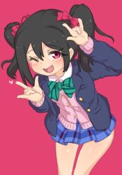Rule 34 | 1girl, basukechi, black hair, blush, fang, female focus, hair ornament, leaning forward, looking at viewer, love live!, one eye closed, open mouth, simple background, smile, solo, standing, tagme, twintails, wink, yazawa nico