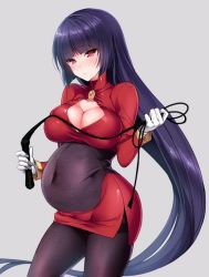 Rule 34 | 1girl, alternate color, black bodysuit, black pantyhose, blue hair, blunt bangs, blush, bodysuit, breasts, cleavage, cleavage cutout, closed mouth, clothing cutout, covered navel, creatures (company), dress, female focus, frown, game freak, gloves, gym leader, hip0s, hizuki akira, holding, holding weapon, large breasts, legs, long hair, long sleeves, nintendo, pantyhose, pokemon, pokemon rgby, pregnant, purple hair, red dress, red eyes, sabrina (pokemon), shiny skin, skirt, solo, source request, sweat, thighband pantyhose, third-party edit, toned, very long hair, weapon, whip, white gloves, white handwear