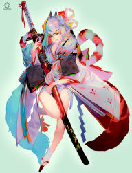 Rule 34 | 1girl, blue background, bow, breasts, fox mask, full body, grandia lee, grey eyes, grin, hair bow, highres, japanese clothes, katana, kimono, leg up, long hair, looking at viewer, mask, mask on head, original, sandals, sheath, sheathed, silver hair, simple background, smile, sword, tabi, weapon, white legwear
