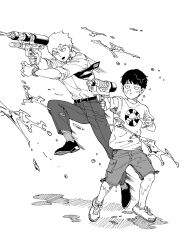 Rule 34 | 2boys, aiming, cargo shorts, closed mouth, commentary request, dress pants, dress shirt, dress shoes, eduroku, expressionless, firing, floating hair, full body, greyscale, highres, holding, holding water gun, jitome, jumping, kageyama shigeo, male focus, mob psycho 100, monochrome, motion lines, multiple boys, necktie, playing, print shirt, puddle, reigen arataka, ribbed socks, serious, shirt, shoes, short hair, shorts, simple background, sleeves rolled up, sneakers, t-shirt, ufo print, v-shaped eyebrows, watch, water gun, wet, wet face, wet hair, wristwatch