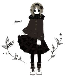 Rule 34 | 1girl, anzu (o6v6o), boots, character name, coat, flower, full body, greyscale, gumi, hair flower, hair ornament, hairband, looking at viewer, monochrome, plaid, plaid skirt, scarf, short hair with long locks, simple background, skirt, skirt hold, socks over pantyhose, solo, standing, vocaloid, white background, winter clothes