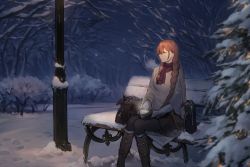 Rule 34 | 1girl, asymmetrical hair, bag, bench, black pantyhose, boots, braid, character request, cup, duoyuanjun, gloves, highres, lamppost, long hair, night, night sky, orange hair, pantyhose, sitting, skirt, sky, snow, solo, steam, tree