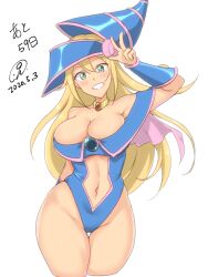 Rule 34 | 1girl, 9rimson, bare shoulders, blonde hair, blue hat, blush, breasts, cameltoe, choker, cleavage, cleft of venus, dark magician girl, dated, duel monster, green eyes, grin, hair between eyes, hat, large breasts, long hair, navel, pentacle, signature, smile, solo, v, wide hips, wizard hat, yu-gi-oh!