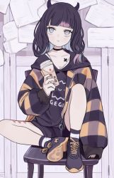Rule 34 | 1girl, absurdres, black choker, black footwear, black hair, black shirt, black shorts, blunt bangs, brown nails, chair, choker, closed mouth, collarbone, commentary request, grey hair, highres, horns, jacket, knee up, long hair, long sleeves, looking at viewer, multicolored hair, nail polish, on chair, open clothes, open jacket, original, puffy long sleeves, puffy sleeves, purple hair, shirt, shoes, short shorts, shorts, sitting, sleeves past wrists, socks, solo, streaked hair, striped clothes, striped jacket, tokiwata soul, two-tone hair, white socks