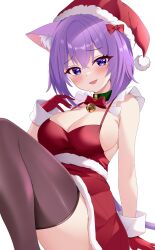 Rule 34 | 1girl, absurdres, animal ears, breasts, cat ears, christmas, cleavage, fawny, gloves, hat, highres, hololive, large breasts, looking at viewer, medium breasts, medium hair, nekomata okayu, open mouth, purple eyes, purple hair, red gloves, santa costume, santa hat, simple background, smile, solo, virtual youtuber