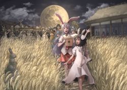 Rule 34 | 6+girls, animal ears, architecture, black hair, blonde hair, blue hair, rabbit, cabbie hat, carrying, cloud, commentary, dark, dress, east asian architecture, facial mark, festival, field, floppy ears, food, full moon, happy, hat, houraisan kaguya, house, inaba mob (touhou), inaba tewi, jewelry, long hair, looking back, moon, multiple girls, nagi (xx001122), necklace, night, night sky, open mouth, outdoors, parade, puffy short sleeves, puffy sleeves, purple hair, rabbit ears, red eyes, reisen udongein inaba, ringo (touhou), scenery, seiran (touhou), short hair, short sleeves, silhouette, sitting, sky, statue, thatched roof, touhou, walking, wheat, wheat field, white dress, yagokoro eirin