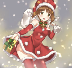 Rule 34 | 10s, 1girl, :d, bell, bow, box, brown eyes, brown hair, cowboy shot, detached sleeves, dress, foreshortening, gift, gift box, girls und panzer, hat, hat ornament, highres, holding, incoming gift, jingle bell, looking at viewer, matching hair/eyes, nishizumi miho, open mouth, oversized object, red dress, red hat, red thighhighs, ren san, sack, santa costume, santa hat, short hair, sleeveless, sleeveless dress, smile, snow, solo, standing, star (symbol), star hat ornament, thighhighs, twitter username