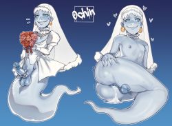 Rule 34 | 0chin, 1boy, ass, blue background, blue skin, bouquet, bridal veil, colored skin, cum, cum in ass, earrings, erection, flower, full body, ghost, gradient background, halloween, heart, highres, holding, holding bouquet, jewelry, juliet sleeves, long sleeves, male focus, multiple views, necklace, nipples, nude, original, penis, penis ribbon, puffy sleeves, ribbon, short hair, smile, testicles, trap, uncensored, veil, white hair