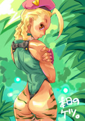 Rule 34 | 1girl, ahoge, ass, back, beret, blonde hair, braid, cammy white, capcom, from behind, hat, leotard, long hair, looking back, solo, street fighter, thong leotard, twin braids