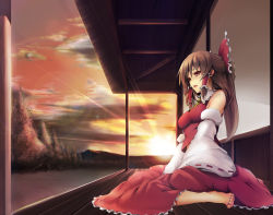 Rule 34 | 1girl, bare shoulders, barefoot, bow, brown hair, cloud, detached sleeves, dot r, female focus, hair bow, hakurei reimu, japanese clothes, lips, long hair, miko, nature, red eyes, scenery, seiza, sitting, solo, sunset, touhou, tree, wariza