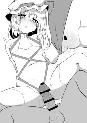 Rule 34 | 1boy, 1girl, bad id, bad pixiv id, bar censor, bare shoulders, blush, bow, breasts, censored, erection, flandre scarlet, greyscale, groin, hair between eyes, hat, hat bow, hetero, highres, kz oji, long hair, mob cap, monochrome, navel, open mouth, penis, pussy, pussy juice, side ponytail, simple background, slit pupils, small breasts, sweat, thighhighs, touhou, white background