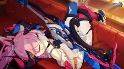 Rule 34 | 1girl, black gloves, blue eyes, breasts, chinese commentary, closed mouth, couch, detached sleeves, gloves, hair between eyes, highres, honkai (series), honkai impact 3rd, indoors, long hair, official art, official wallpaper, on couch, open mouth, pink hair, rozaliya olenyeva, rozaliya olenyeva (fervent tempo), sleeping, small breasts, solo, sunlight, thigh strap, thighhighs, waking up, weapon, white sleeves