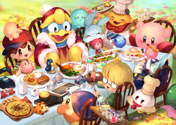 Rule 34 | 2boys, :d, ^ ^, anniversary, apron, armor, arms up, artist name, badge, bandana, bandana waddle dee, baseball cap, blonde hair, blue cape, blue shirt, blush, bow, box, boxboy!, brown eyes, brown hair, burger, button badge, camera, cape, carrot, chair, character food, character request, chef hat, chef kawasaki, cherry tomato, closed eyes, closed mouth, coin, commentary request, copyright request, cup, dog, doseisan, drinking glass, drinking straw, egg (food), erlenmeyer flask, figure, flag, flask, food, french fries, fried egg, fruit, fur-trimmed jacket, fur-trimmed sleeves, fur trim, glasses, green jacket, hair between eyes, hal laboratory, halnote, hat, hataraku ufo, highres, holding, holding food, holding stuffed toy, holding tray, holding wrench, hosuu de shoubu!! kame sanpo, inutamago, jacket, jeff andonuts, jobski, joyball, kawao9, keyboard (computer), king dedede, kirby, kirby (series), kirby burger, kirby cafe, lalala (kirby), lettuce, lololo (kirby), long sleeves, looking at another, looking to the side, mask, meta knight, mother (game), mother 2, mug, multiple boys, neckerchief, ness (mother 2), nintendo, on chair, on head, opaque glasses, open clothes, open jacket, open mouth, orange (fruit), orange slice, outdoors, pasta, pauldrons, pizza, plate, pom pom (clothes), qbaby, qbby, qucy, qudy, rabbit, rectangular eyewear, red bandana, red headwear, red jacket, red neckerchief, round-bottom flask, salad, shirt, short hair, short sleeves, shoulder armor, sitting, smile, spaghetti, standing, star (symbol), starman (mother), striped clothes, striped shirt, stuffed animal, stuffed toy, t-shirt, table, tablecloth, teddy bear, tofu, tomato, tray, two-tone shirt, ufo, urashima (kame sanpo), waddle dee, white apron, white headwear, wrench, yellow bow, yellow shirt