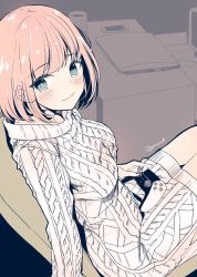 Rule 34 | 1girl, blue eyes, blush, cable knit, closed mouth, controller, cup, dress, highres, holding, holding controller, indoors, long sleeves, looking at viewer, orange hair, original, phone, short hair, signature, smile, solo, sweater, sweater dress, table, television, white dress, white sweater, yu yu