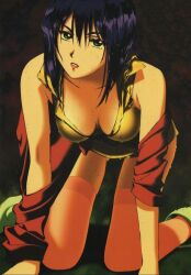 1girl all_fours breasts cleavage cowboy_bebop faye_valentine female_focus green_eyes lipstick looking_at_viewer makeup medium_breasts official_art parted_lips purple_hair short_hair solo thighhighs wet