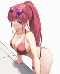 Rule 34 | 1girl, absurdres, ass, bare shoulders, bikini, breasts, cleavage, eyewear on head, heterochromia, highres, hololive, houshou marine, houshou marine (summer), jewelry, large breasts, long hair, looking at viewer, necklace, ponytail, red bikini, red eyes, red hair, smile, solo, swimsuit, thigh strap, vezbin, virtual youtuber, yellow eyes