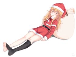 Rule 34 | 1girl, 2017, absurdres, arm at side, artist name, barefoot, belt, black thighhighs, blush, capelet, christmas, closed mouth, dress, drooling, closed eyes, feet, from side, full body, fur trim, gabriel dropout, gabriel tenma white, hair between eyes, hand on own stomach, hat, highres, long hair, long sleeves, loose thighhigh, lying, messy hair, on back, open mouth, pom pom (clothes), red dress, sack, sainohikari, saliva, santa costume, santa hat, signature, simple background, single thighhigh, sleeping, solo, thighhighs, very long hair, white background