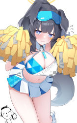 Rule 34 | 1girl, animal ears, black hair, blue archive, blue eyes, blush, breasts, cheerleader, cleavage, crop top, dog ears, dog girl, dog tail, doodle sensei (blue archive), eyewear on head, goggles, goggles on head, halo, hibiki (blue archive), hibiki (cheer squad) (blue archive), highres, hitachi sou, long hair, looking at viewer, midriff, millennium cheerleader outfit (blue archive), navel, pom pom (cheerleading), sensei (blue archive), shoes, skirt, solo, tail, thigh gap, thighs