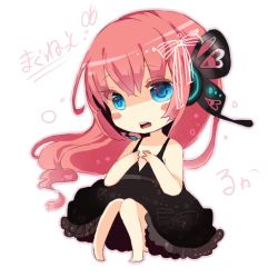 Rule 34 | 1girl, bad id, bad pixiv id, barefoot, blue eyes, butterfly hair ornament, butterfly wings, chibi, dress, hair ornament, headphones, insect wings, itamidome, long hair, magnet (vocaloid), megurine luka, pink hair, solo, vocaloid, wings