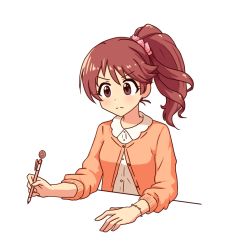 Rule 34 | 1girl, artist request, blush, breasts, brown eyes, brown hair, closed mouth, collared shirt, doughnut, female focus, focused, food, hair ornament, holding, holding pen, idolmaster, idolmaster cinderella girls, invisible chair, invisible table, jacket, long hair, looking down, namco, neck, orange jacket, pen, ponytail, shiina noriko, shirt, simple background, sitting, small breasts, table, white background, white shirt, wristband, writing