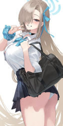 Rule 34 | 1girl, :d, absurdly long hair, absurdres, ass, asuna (blue archive), asymmetrical bangs, bag, black choker, black skirt, blonde hair, blue archive, bow, bowtie, button gap, choker, grin, hair over one eye, half-closed eyes, halo, highres, long hair, looking at viewer, looking back, loose bowtie, miniskirt, one eye covered, open mouth, panties, pantyshot, pleated skirt, school bag, school uniform, scrunchie, serie niai, shirt, simple background, skirt, skirt rolled up, smile, solo, underwear, v, very long hair, white panties, white shirt, wrist scrunchie