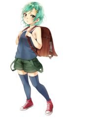 Rule 34 | 1girl, backpack, bag, bang dream!, bare arms, bare shoulders, black thighhighs, blue shirt, blush, bow, braid, brown eyes, collarbone, commentary request, full body, funyariko, green hair, green shorts, hair bow, hair ornament, hairclip, highres, hikawa hina, holding, long hair, looking at viewer, low twintails, parted lips, randoseru, red footwear, shirt, shoes, short shorts, shorts, simple background, sleeveless, sleeveless shirt, solo, standing, thighhighs, twin braids, twintails, white background, yellow bow