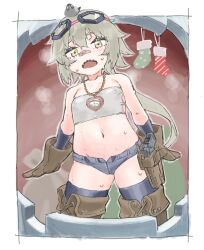 Rule 34 | 1girl, animal, animal on head, bandaid, bandaid on face, bandaid on nose, bare shoulders, bird, bird on head, boots, christmas stocking, clock necklace, commentary request, covered erect nipples, flat chest, girls&#039; frontline, grey hair, gun, handgun, heart-shaped clock, highres, holster, hs2000 (girls&#039; frontline), hs2000 (warm-hearted tin man) (girls&#039; frontline), long hair, looking at viewer, meshiya, micro shorts, midriff, navel, official alternate costume, on head, open mouth, ponytail, sharp teeth, shorts, solo, strapless, sweat, teeth, thigh boots, thighhighs, thighhighs under boots, tube top, very long hair, weapon, yellow eyes