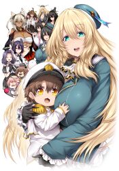 Rule 34 | 1boy, 6+girls, absurdres, admiral (kancolle), age difference, ahoge, aqua headwear, ascot, atago (kancolle), bare shoulders, beret, black capelet, black gloves, black hair, blonde hair, breast pocket, breasts, brown hair, budget sarashi, capelet, checkered necktie, chest sarashi, closed eyes, dark-skinned female, dark skin, detached sleeves, double bun, dress, epaulettes, eyepatch, frilled sleeves, frills, front-tie top, fusou (kancolle), glasses, gloves, green eyes, hair between eyes, hair bun, hair intakes, hairband, halo, hat, headgear, height difference, highres, huge breasts, i-58 (kancolle), iowa (kancolle), japanese clothes, kantai collection, kongou (kancolle), kongou kai ni (kancolle), little boy admiral (kancolle), long hair, mechanical halo, military, military uniform, multiple girls, musashi (kancolle), naval uniform, neckerchief, necktie, nontraditional miko, onee-shota, open mouth, peaked cap, pink hair, pocket, pointy hair, purple hair, rectangular eyewear, red eyes, ribbon-trimmed sleeves, ribbon trim, round teeth, sailor dress, sarashi, school swimsuit, shirt, short hair, sleeveless, sleeveless shirt, speaking tube headset, star-shaped pupils, star (symbol), swimsuit, swimsuit under clothes, symbol-shaped pupils, takao (kancolle), tatsuta (kancolle), tatsuta kai ni (kancolle), teeth, tenryuu (kancolle), tenryuu kai ni (kancolle), tsukasawa takamatsu, two side up, uniform, upper teeth only, very long hair, white ascot, white shirt, yamashiro (kancolle), yellow eyes, yellow neckerchief, yukikaze (kancolle)