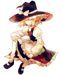 Rule 34 | 1girl, apron, arm on knee, artist request, blonde hair, frills, grin, hat, hat over one eye, kirisame marisa, looking at viewer, short hair, sitting, smile, solo, touhou, wavy hair, white background, witch, witch hat, yellow eyes