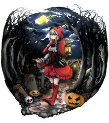 Rule 34 | 1girl, absurdres, arknights, dagger, full moon, highres, jack-o&#039;-lantern, knife, lantern, little red riding hood, little red riding hood (grimm), moon, night, projekt red (arknights), red footwear, red hood, solo, solo focus, tombstone, tree, vyragami, weapon, white hair, withered
